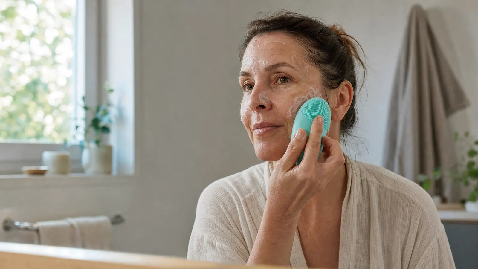 Woman in her fifties at a bathroom sink using a silicone facial cleansing brush in soft morning light