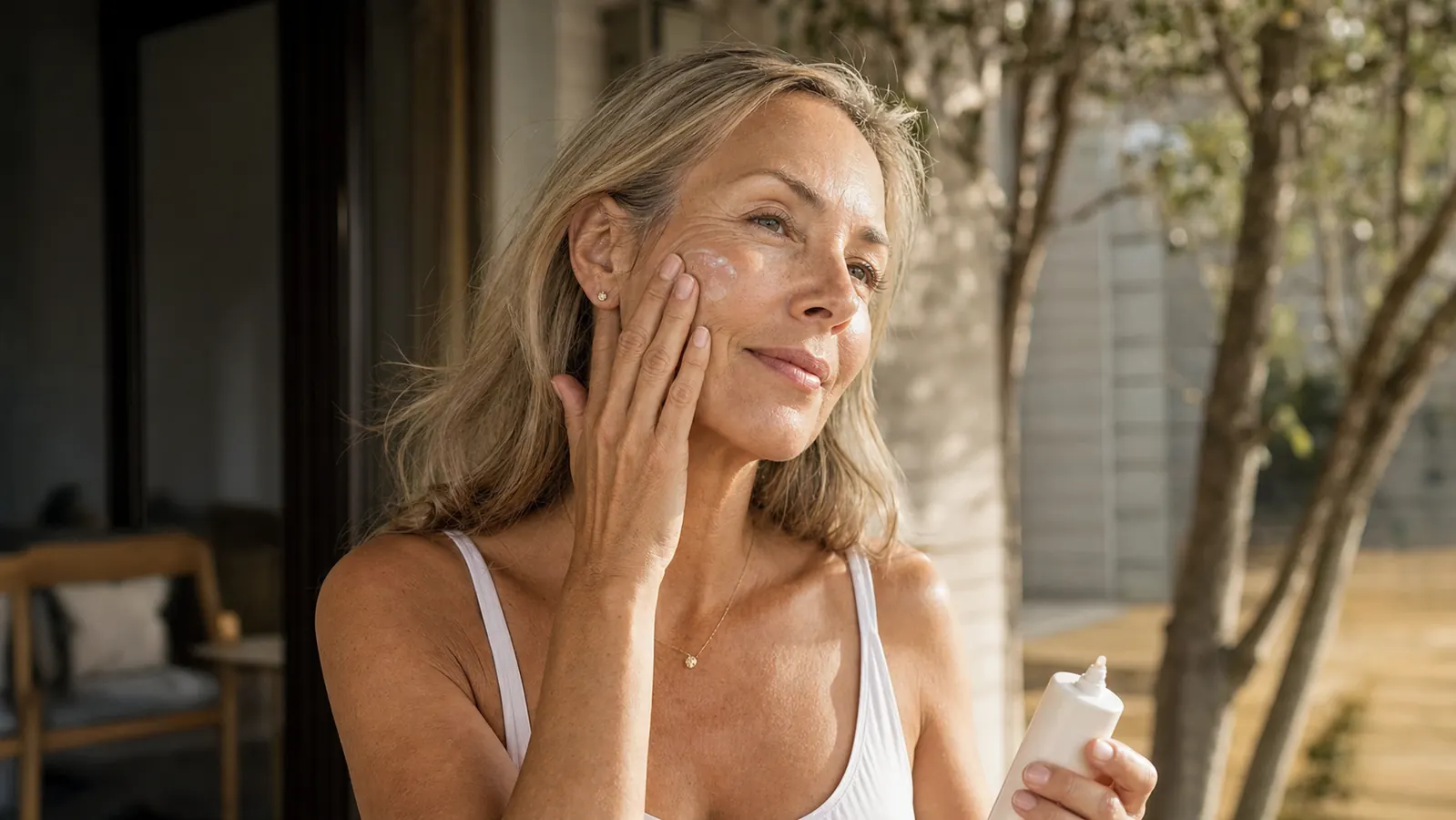 Woman applying sunscreen to her face on a sunlit porch in the morning
