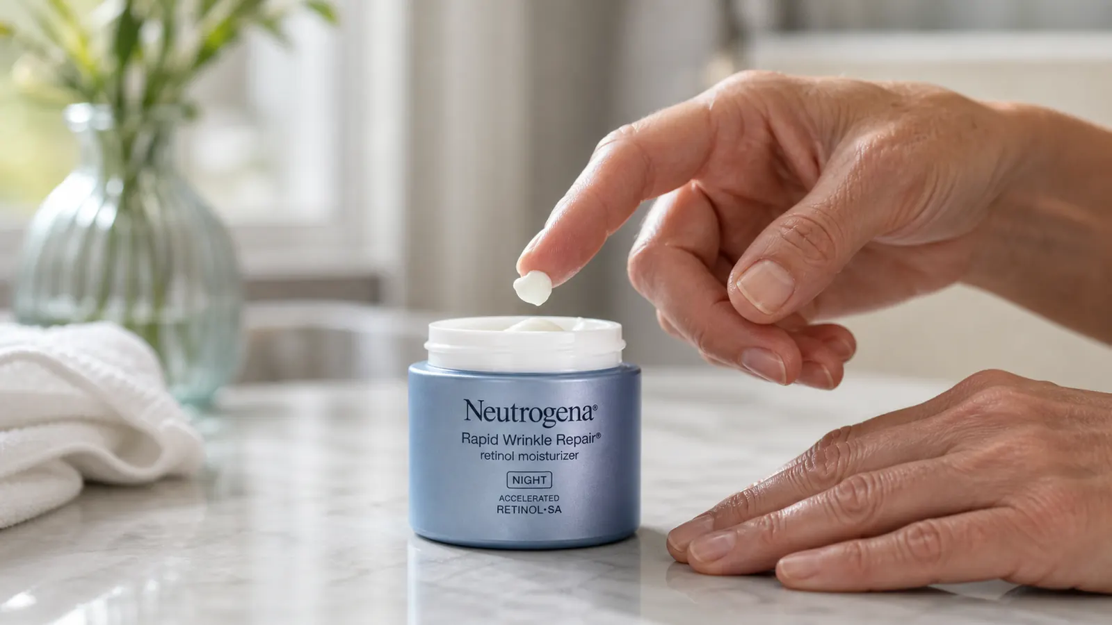 Close-up of a hand scooping a pea-sized amount of retinol moisturizer from the jar