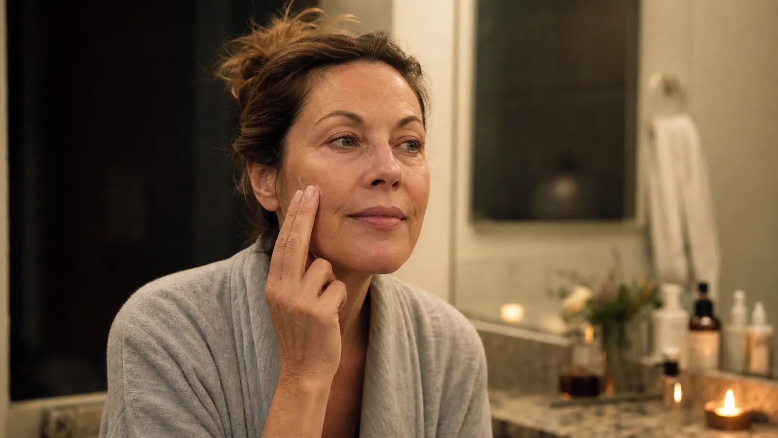 Woman in her fifties applying moisturizer at her bathroom mirror in warm evening light