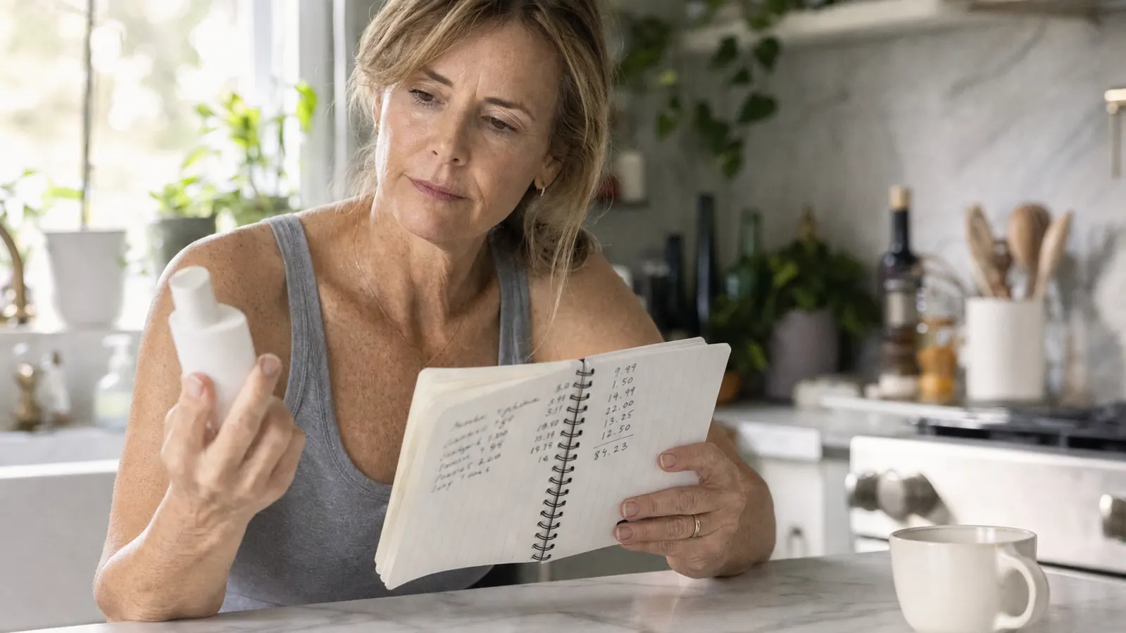 Woman in her early fifties standing at a kitchen counter in morning light, holding a slim sunscreen fluid bottle next to a small spiral notebook with handwritten numbers