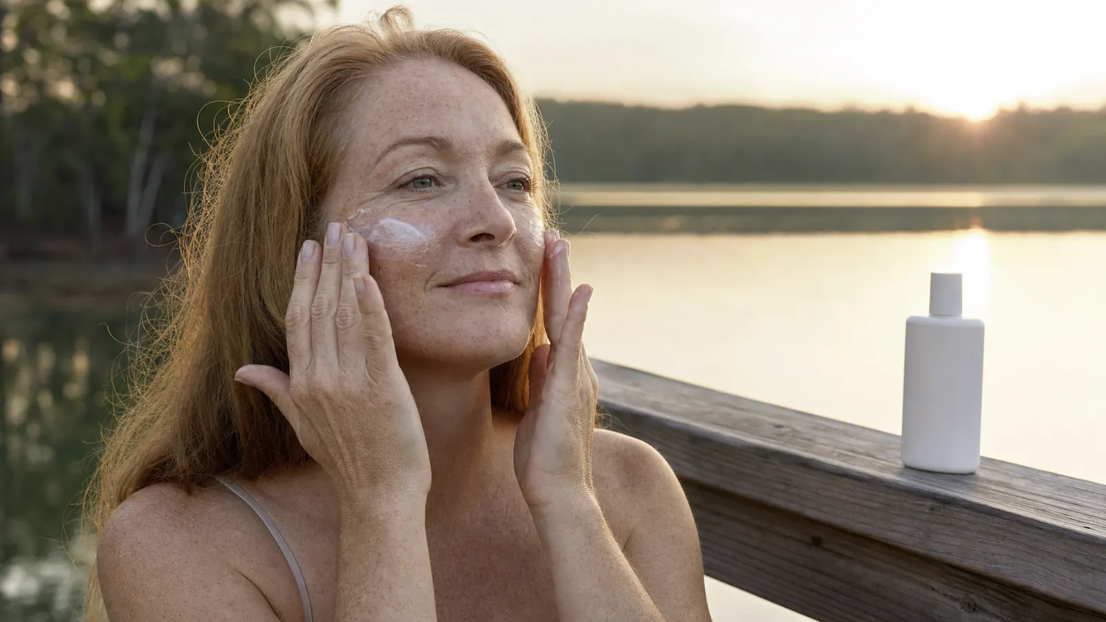 Fair-skinned woman in her late forties standing on a sunny lake dock in the early morning, smoothing tinted sunscreen fluid onto her cheeks with her fingertips