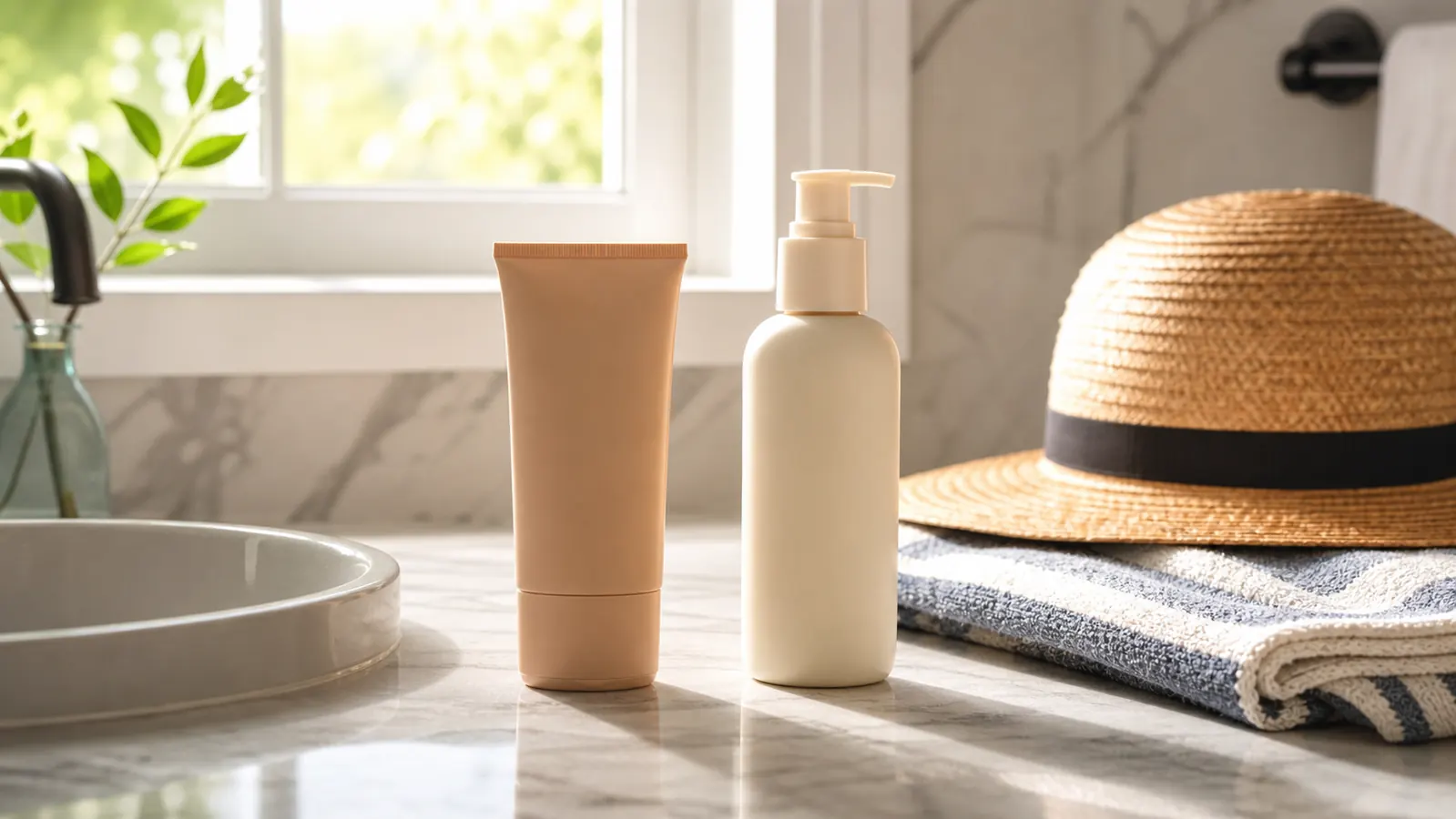 Two facial sunscreen bottles, a tinted fluid and an oil-free lotion, standing side by side on a sunlit bathroom counter with a sunhat and folded towel nearby