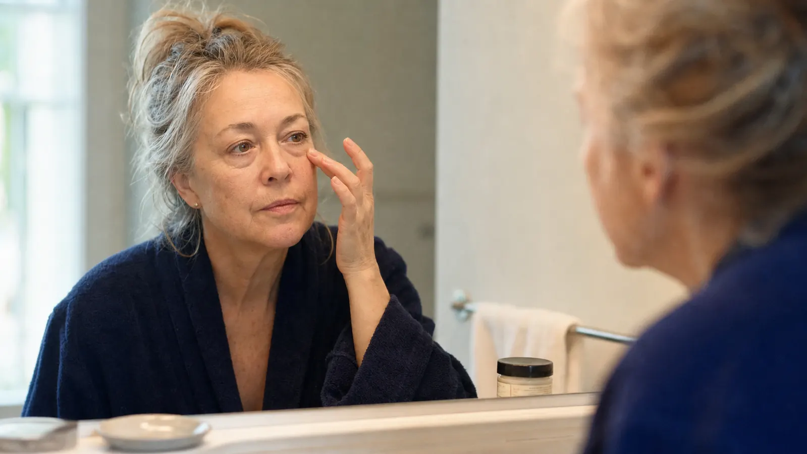 A woman in her mid-fifties standing at a bathroom counter in soft morning light, bare-faced, dabbing cream near her eye