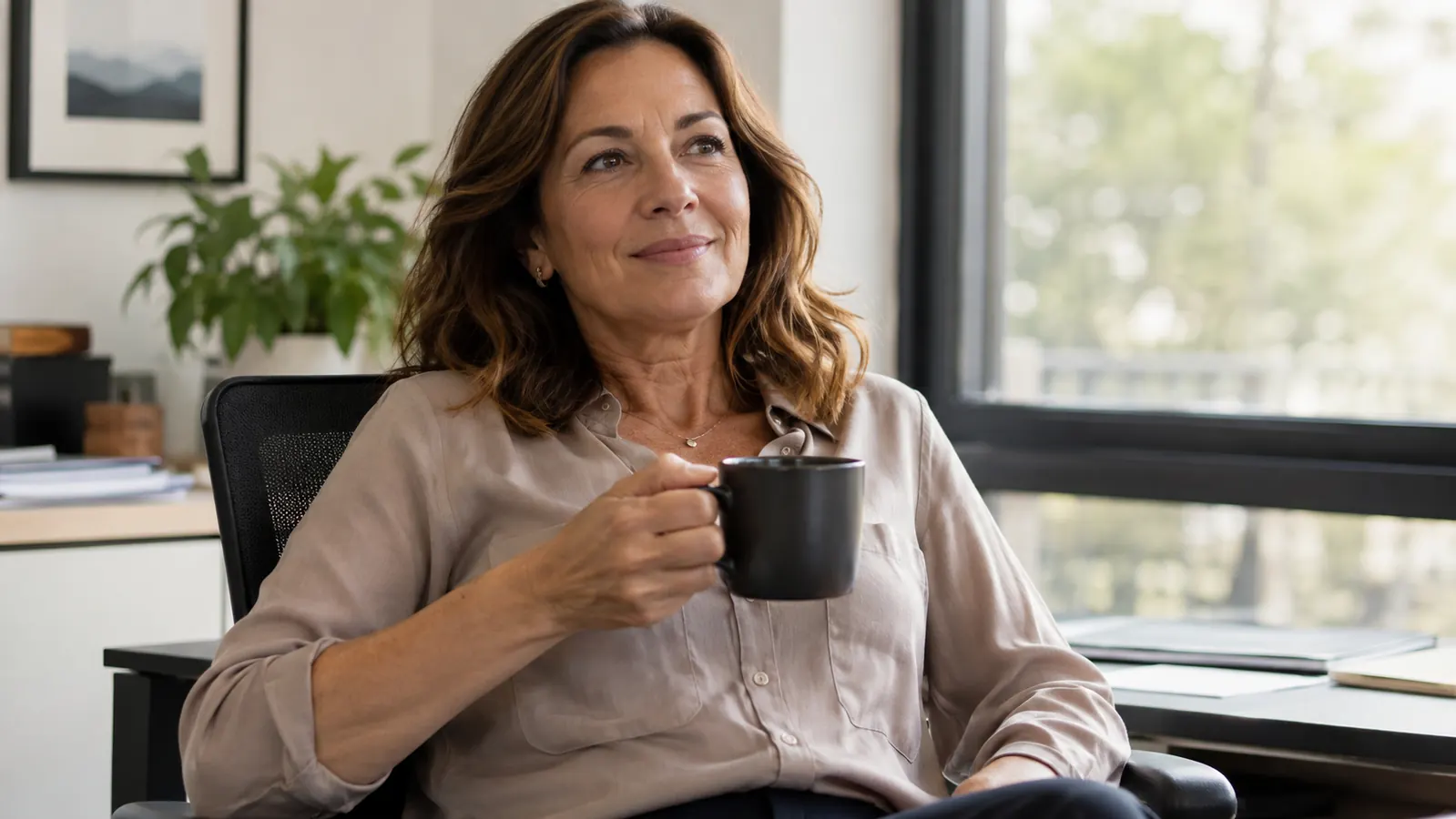 A woman in her late forties at an office desk in daylight, leaning back with a coffee mug, a faint but honest hint of shadow still visible under her eyes