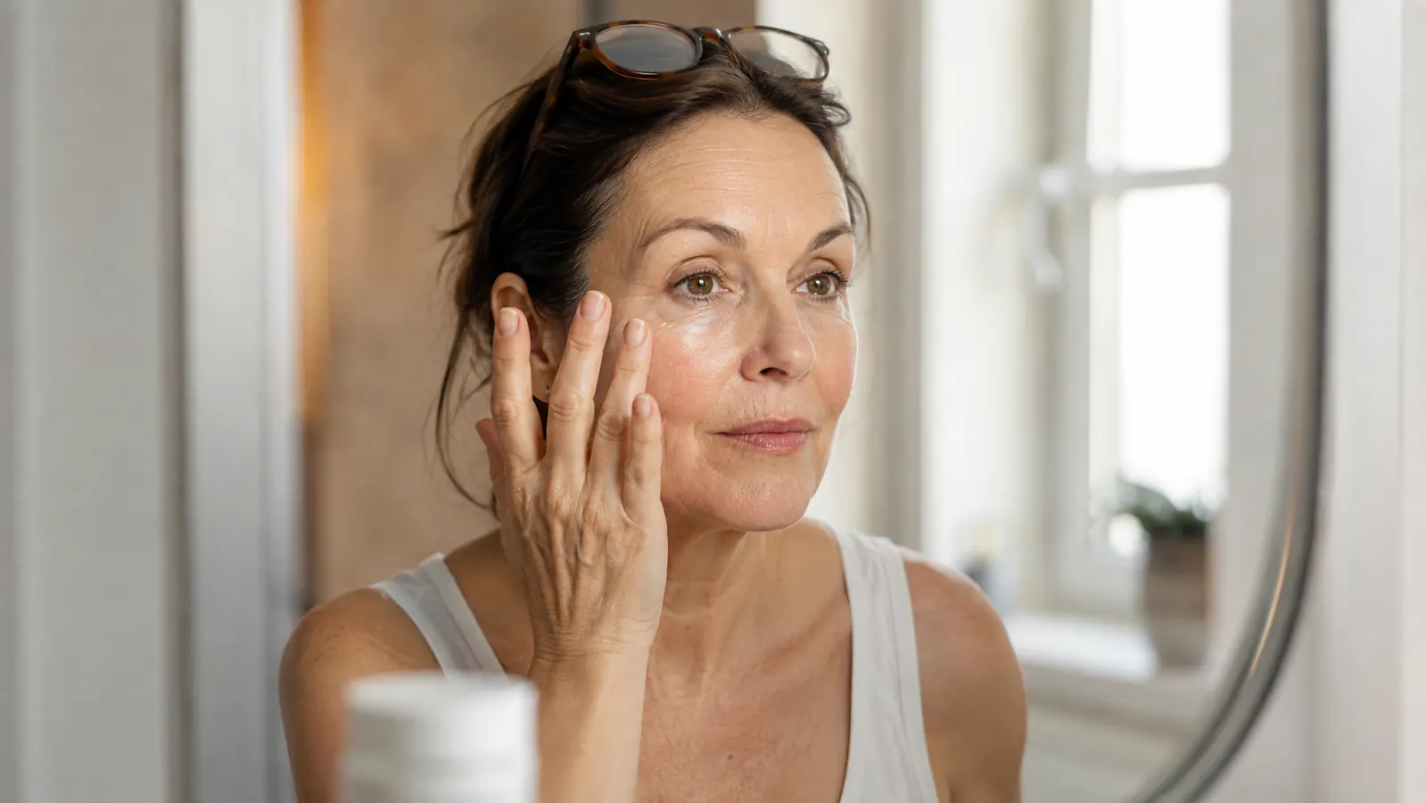 A woman in her mid-fifties standing at a bathroom mirror in soft morning light, gently patting eye cream under her eyes with her ring finger