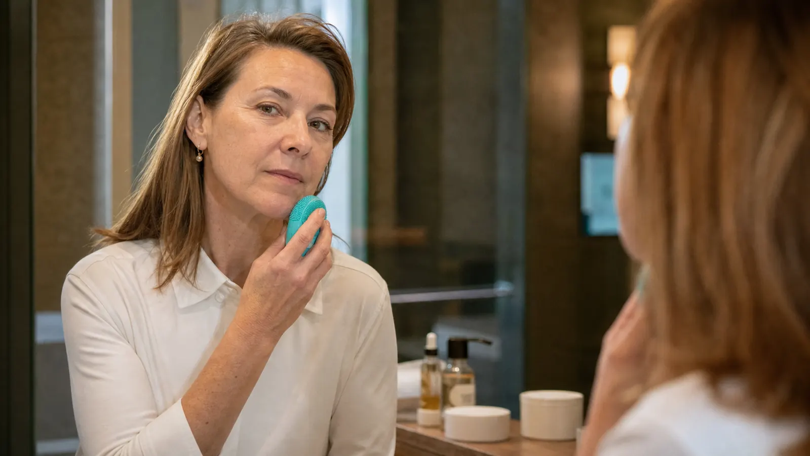 Woman in her fifties standing in front of a bathroom mirror, holding a silicone facial cleansing brush, skeptical but curious expression