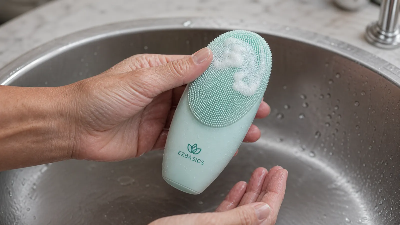 Close-up of a hand holding the EZBASICS silicone cleansing brush with foam, next to a stainless steel bathroom sink
