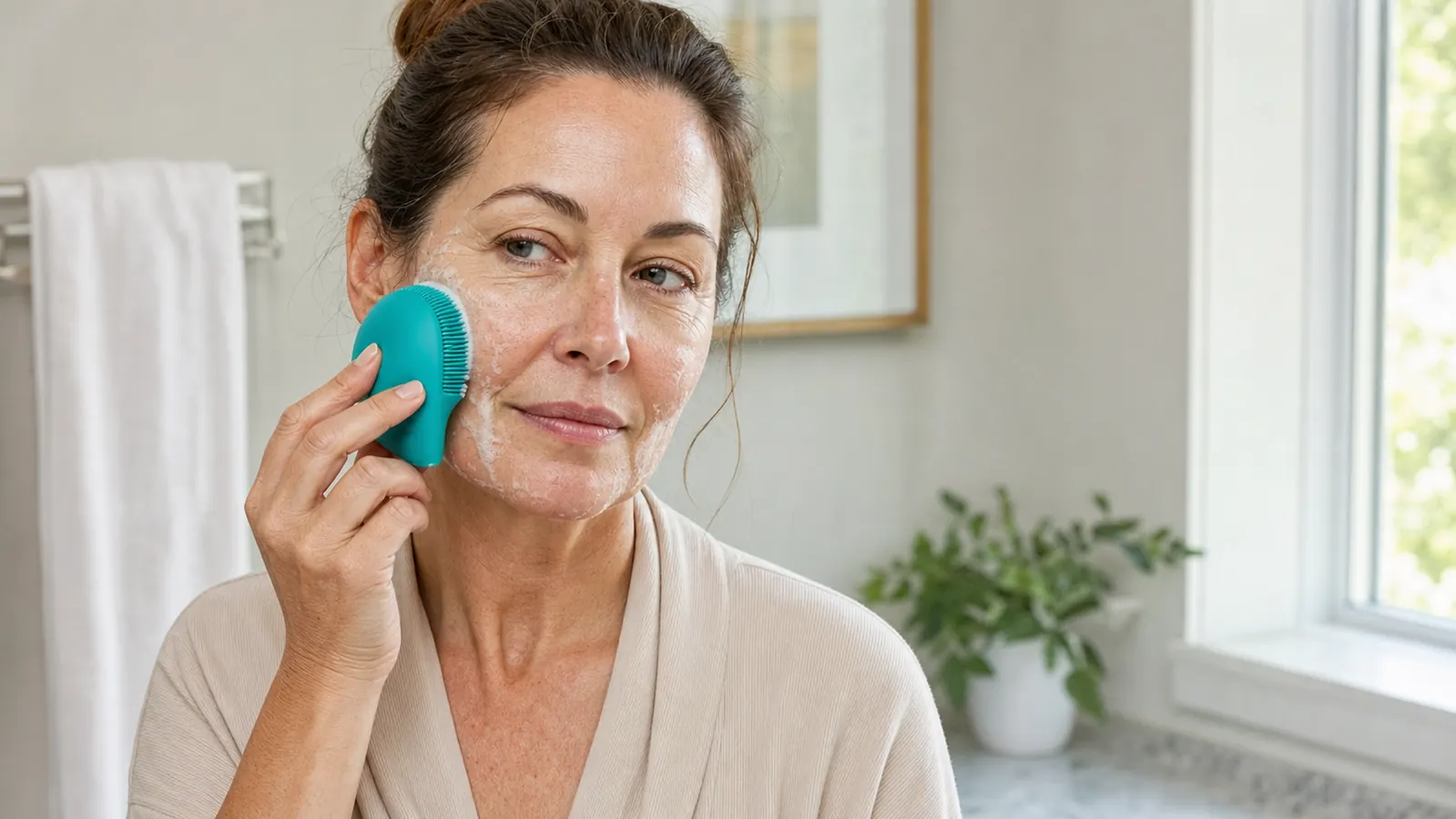 Woman in her early fifties at a bathroom sink using a silicone facial cleansing brush, soft morning light, foam on her cheek