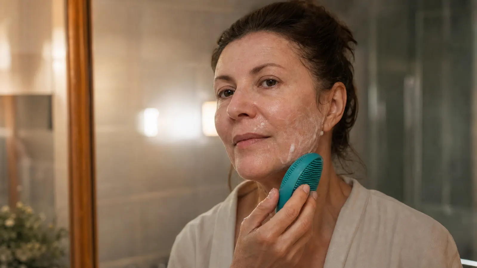 Woman in her early fifties at a bathroom sink in evening light, holding a silicone cleansing brush to her jawline with light foam visible