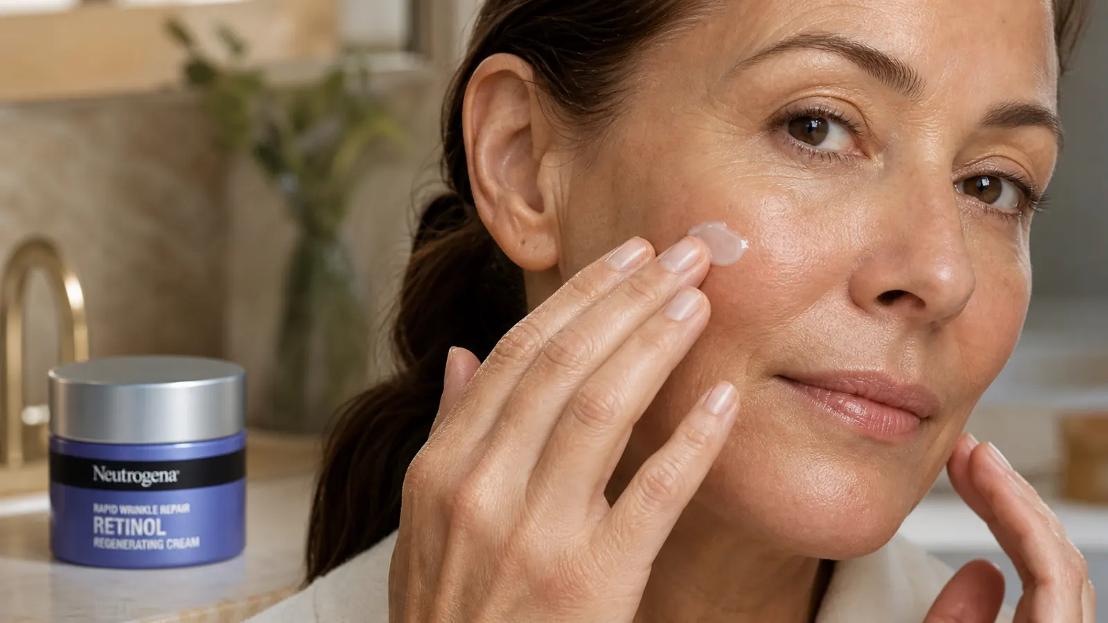 Close-up of a hand smoothing a pea-sized amount of retinol moisturizer onto a clean cheek near a bathroom mirror