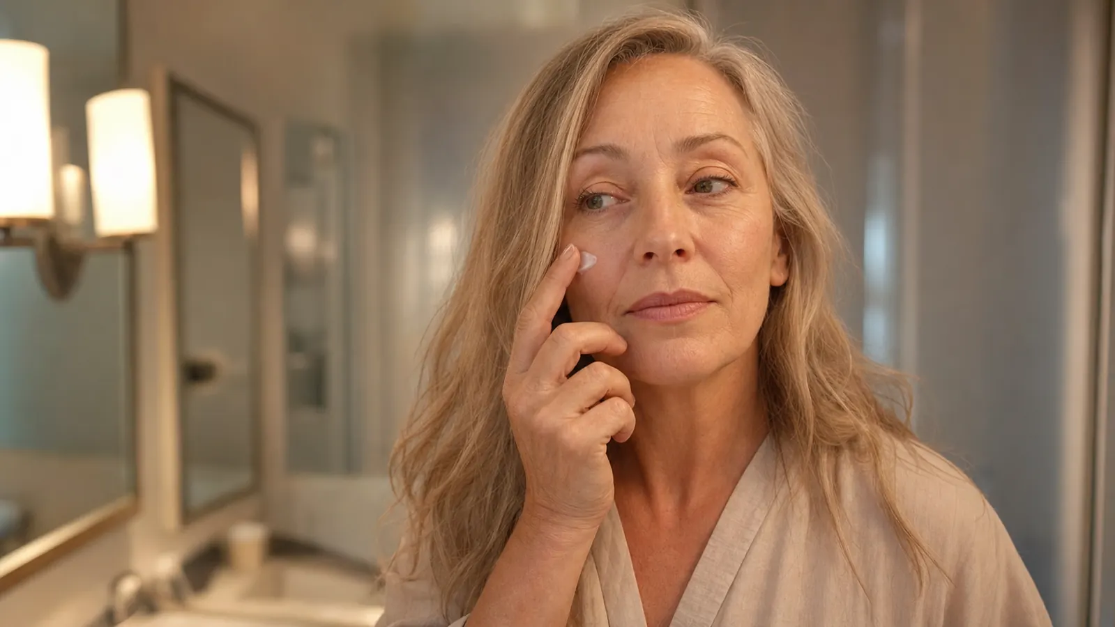 Woman in her fifties standing at a bathroom sink in soft evening light, dabbing a small amount of cream onto her fingertip