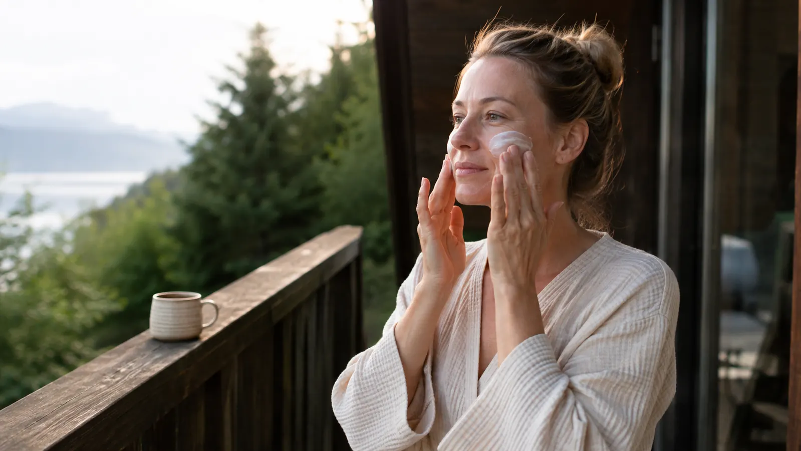 Woman in her 40s applying sunscreen to her face on a sunlit porch in the morning