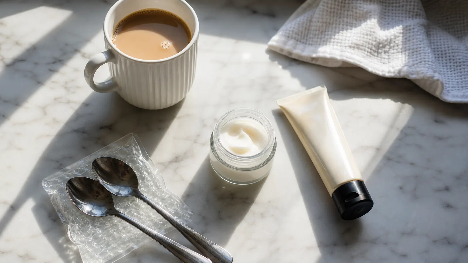 Overhead flatlay of a morning eye-care routine: cold spoons, an eye cream jar, sunscreen tube, and a cup of coffee on a marble counter