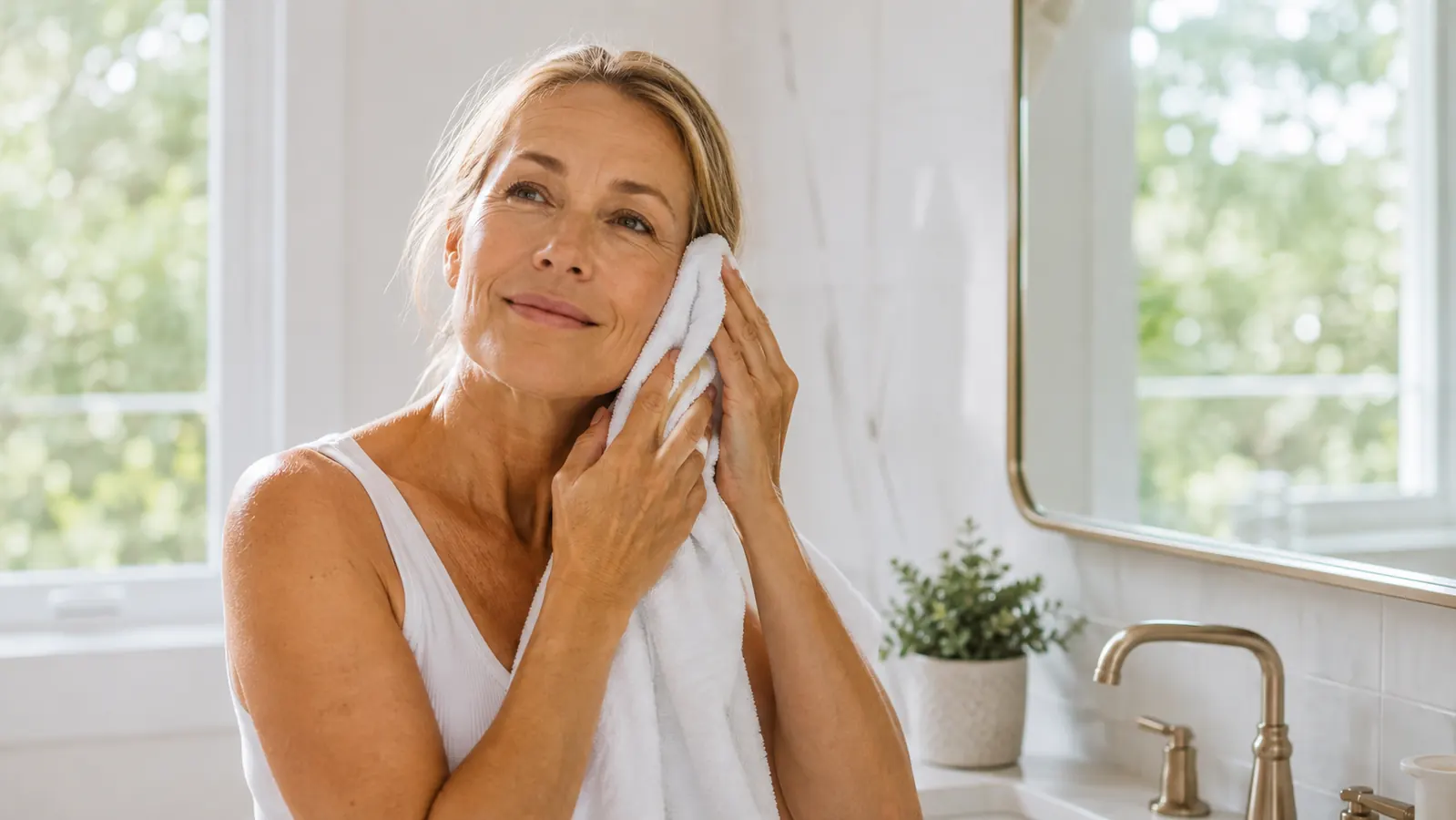 Woman in her late 40s standing at a bathroom sink in soft morning light, patting her face dry with a white towel, calm expression