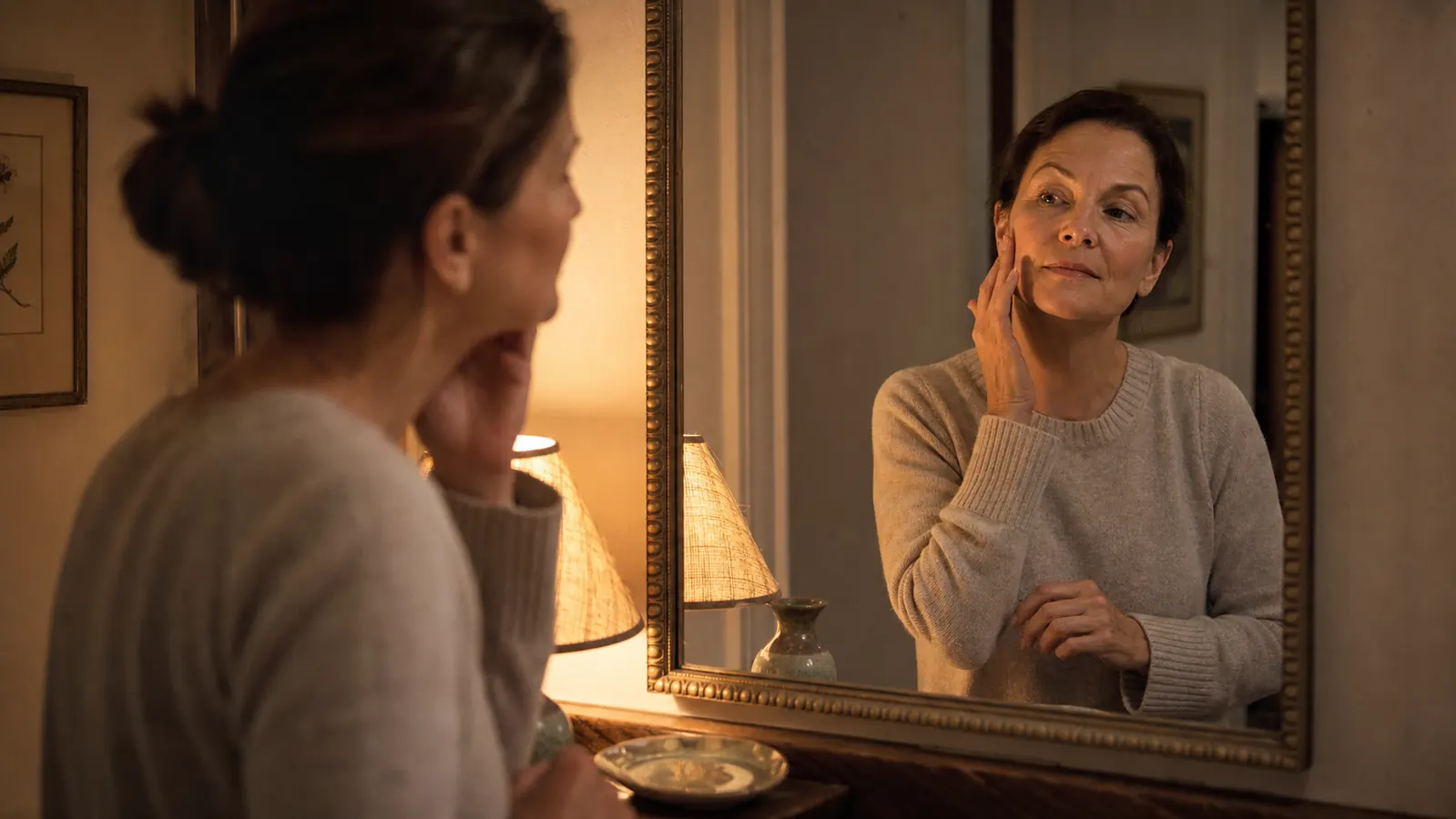 Woman in her early 50s at her bathroom mirror at night, applying moisturizer to her forehead with soft lamp light