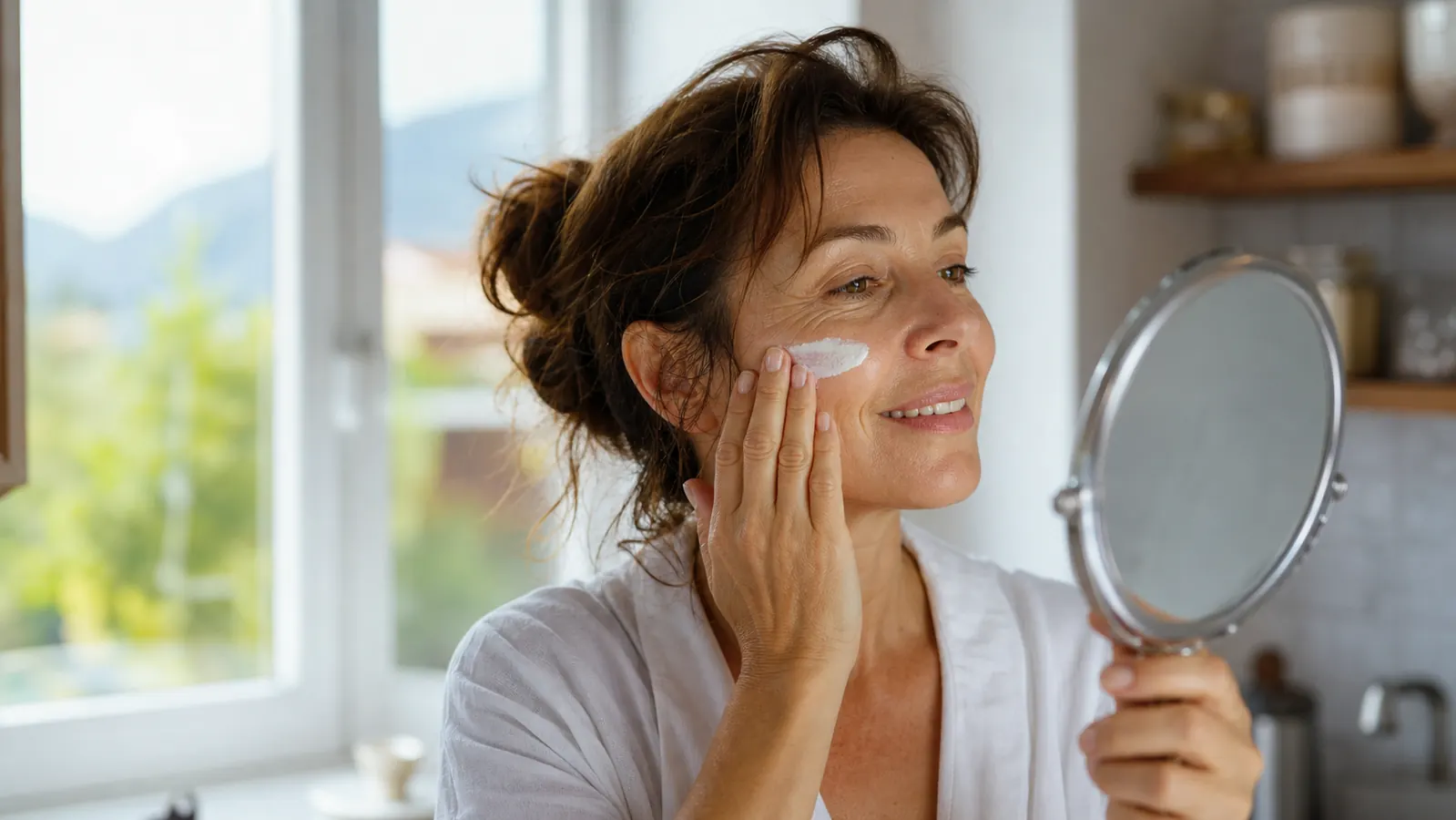 Woman applying sunscreen by a bright window the morning after her nighttime retinol routine