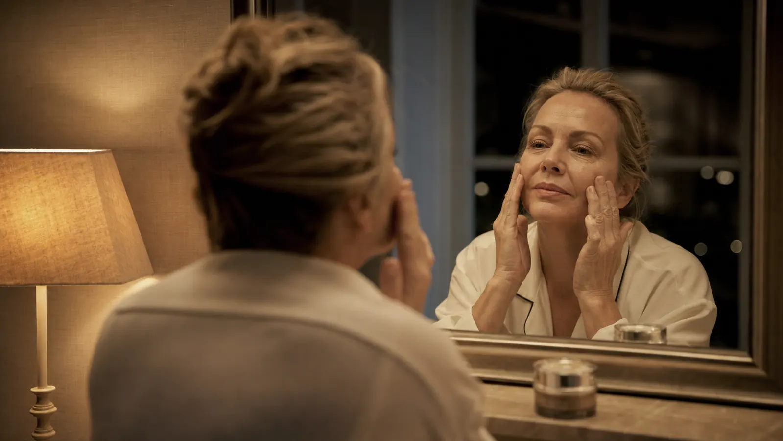 Woman in her mid-50s at a bathroom mirror in the evening, applying a night cream in warm lamp light