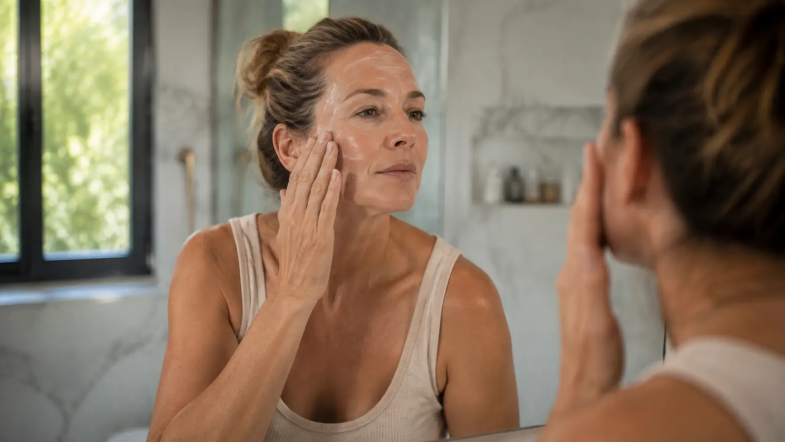 Woman in her fifties applying sunscreen over moisturizer in daylight after a retinol night routine
