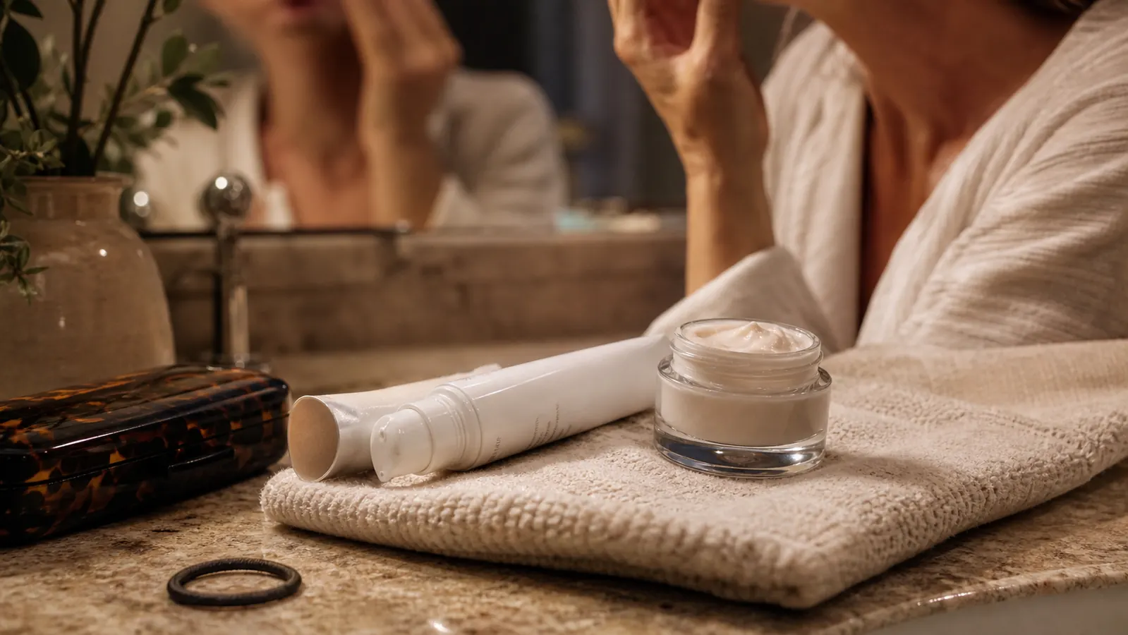 Two retinol night creams, one in a white pump bottle and one in a glass jar, side by side on a bathroom counter at night