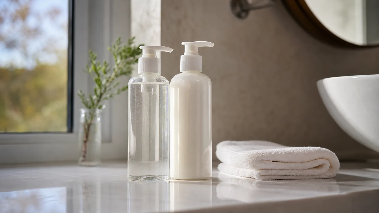 Vanicream Gentle Facial Cleaner and a bottle of Cetaphil Gentle Skin Cleanser standing side by side on a marble bathroom counter in soft morning light